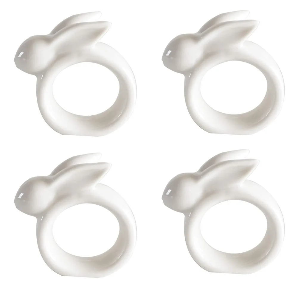 Easter Handmade White Rabbit Ceramic Napkin Rings,Perfect for Easter Dinner Weddings Parties, Set of 4