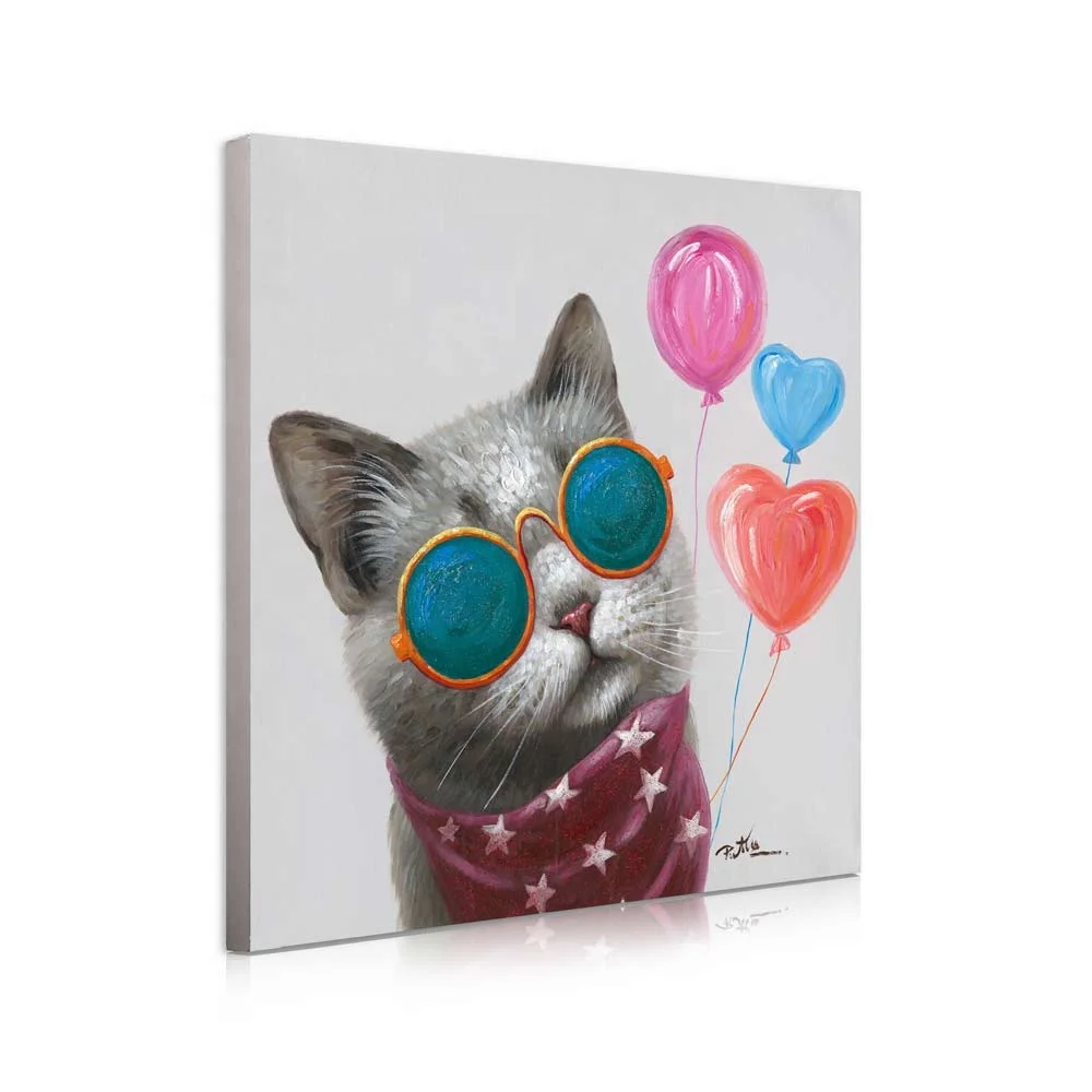 Artree Custom Funny Cute For Kids With Balloon Stretched Hand Wall Art Canvas Whimsy Animal Cat Oil Painting