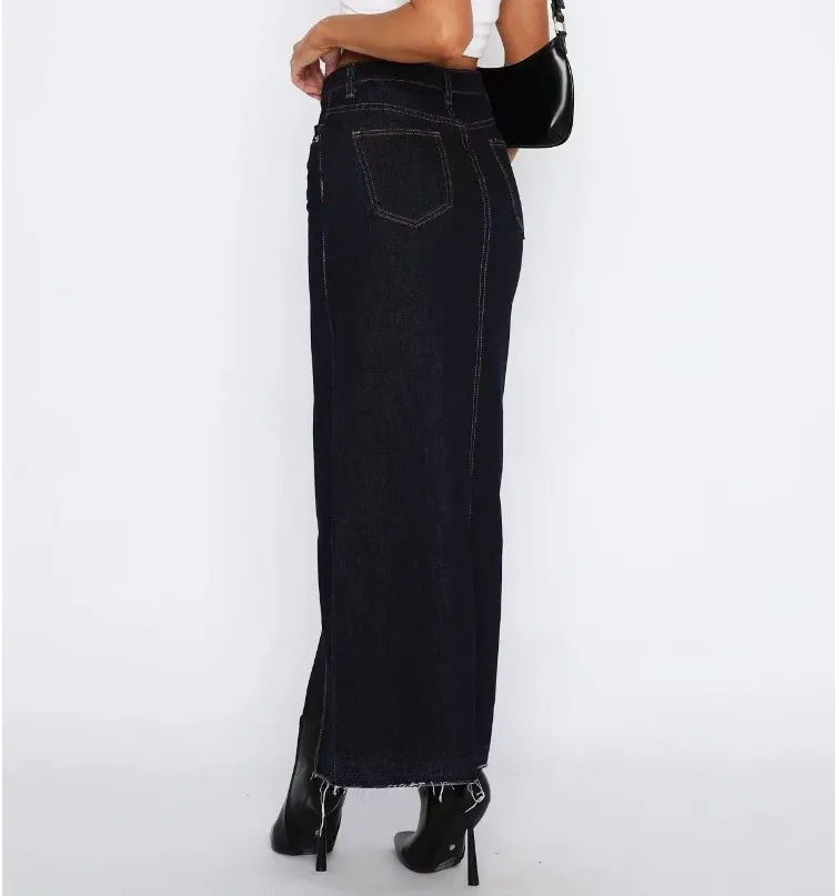 Elegant European and American Women s High Waisted Denim Skirt Fashionable Solid Color Half Skirt with Slit