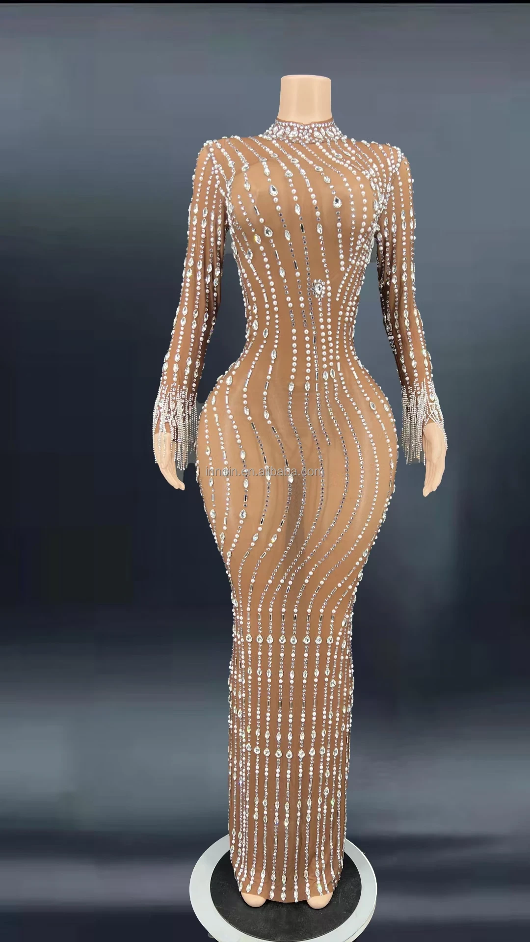 INNOIN Shining Rhinestone Tassel Dance Costume Sexy Women Elastic Mesh Net Perspective Crystal Dress Singer Dancer Stage Wear O