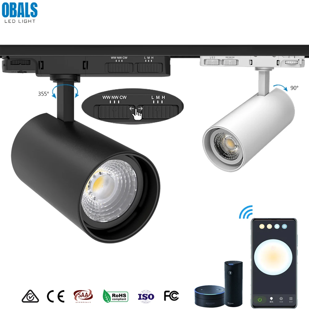 Shop Store Adjustable Dimmable 2700k 3000k 5000k 4wire 3 phase 3cct Rail Spotlight 20w 30w 40w 50w Dali Cob Led Track Light