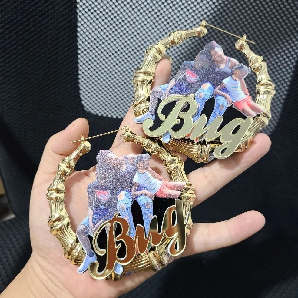 2022 New Lady Design Bamboo Acrylic Color Photo Custom Name Hollow Out Big Creative Design Cool Hip Hop Kids Earrings