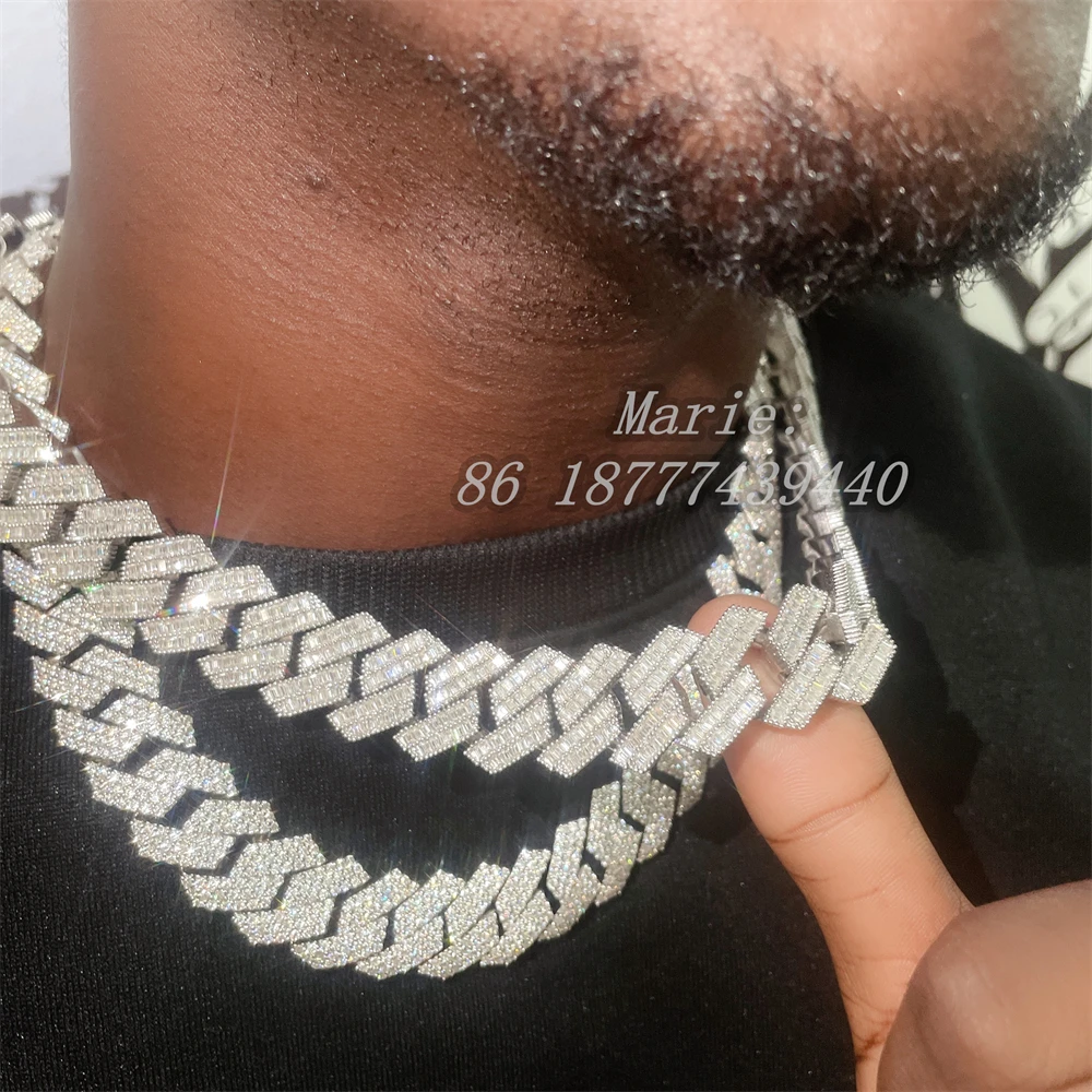 20mm width 925 sterling silver with vvs moissanite pendant necklace cuban link chain baguette diamond luxury hip hop jewelry