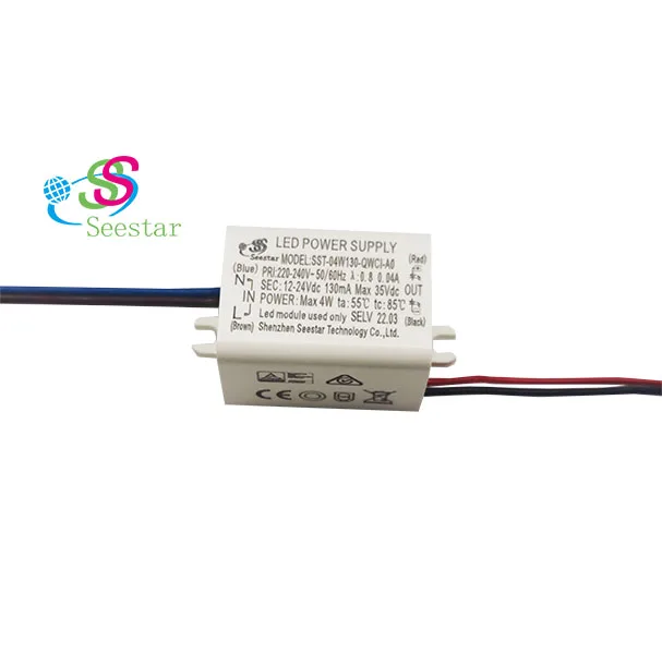 Seestar isolated AC220-240V DC12-24V 130mA 2W 3W 4W PF>0.8 flicker free TUV SAA CE CB ERP waterproof led wall light led driver