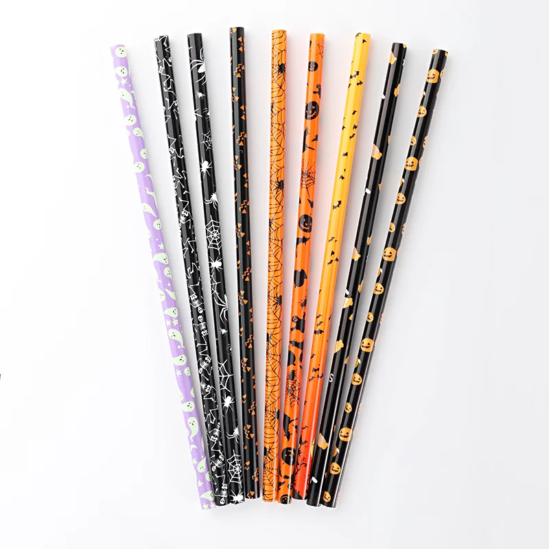 Reusable pp hard plastic Halloween printing straw,  Eco-friendly printed Halloween straws with ghost & spider designs
