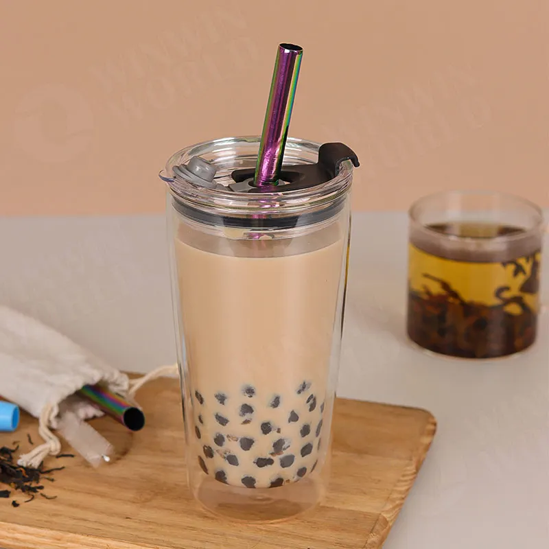 Бутылки для чая Boba из боросиликатного стекла двойные настенные пользовательские чашки многоразовые с крышкой и соломинкой