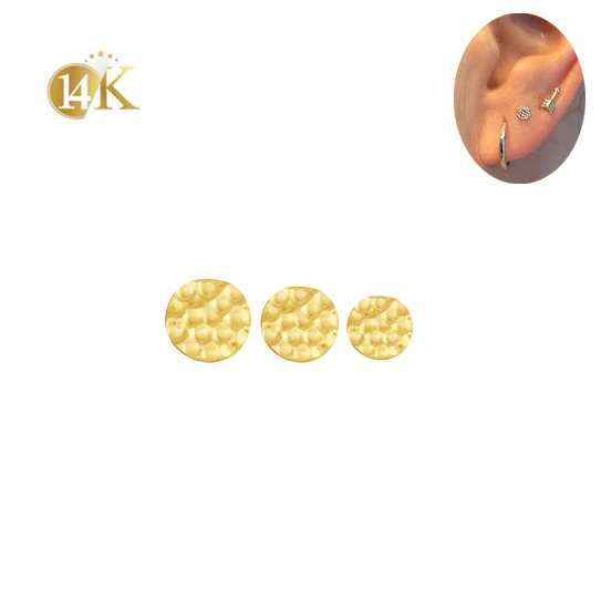 Calendo 14 Karat Solid Gold Classic Round Hammered Disc Piercing End Labret Nose Earring Stud Push Pin Gold Body Jewelry