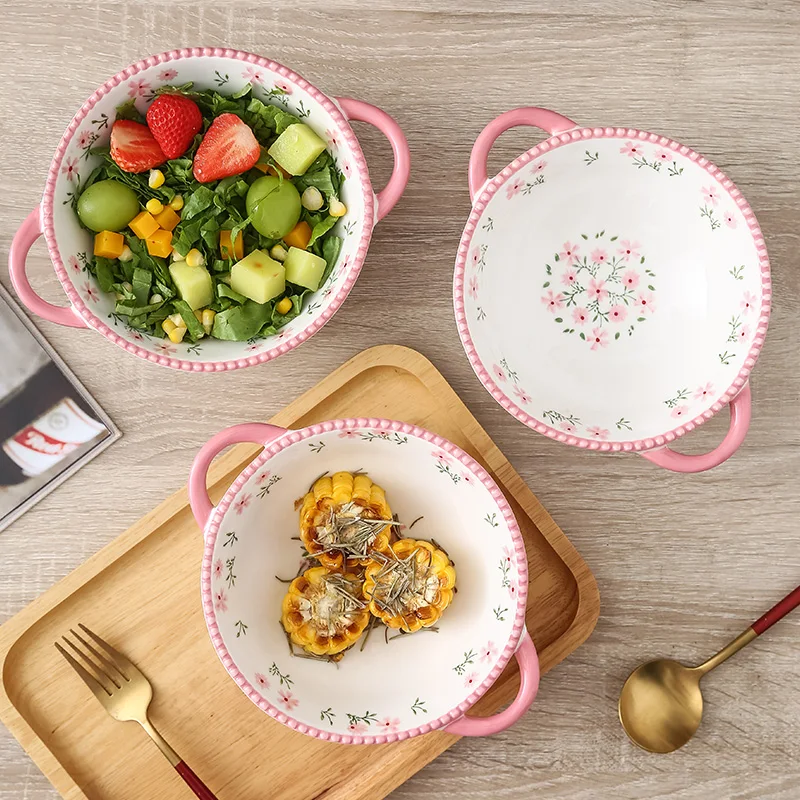 Wholesale In Stock Ceramic Large Noodle Soup Bowl Stoneware Hand-Painting Dinnerware Pink Ramen Bowl Oven Microwavable Safe