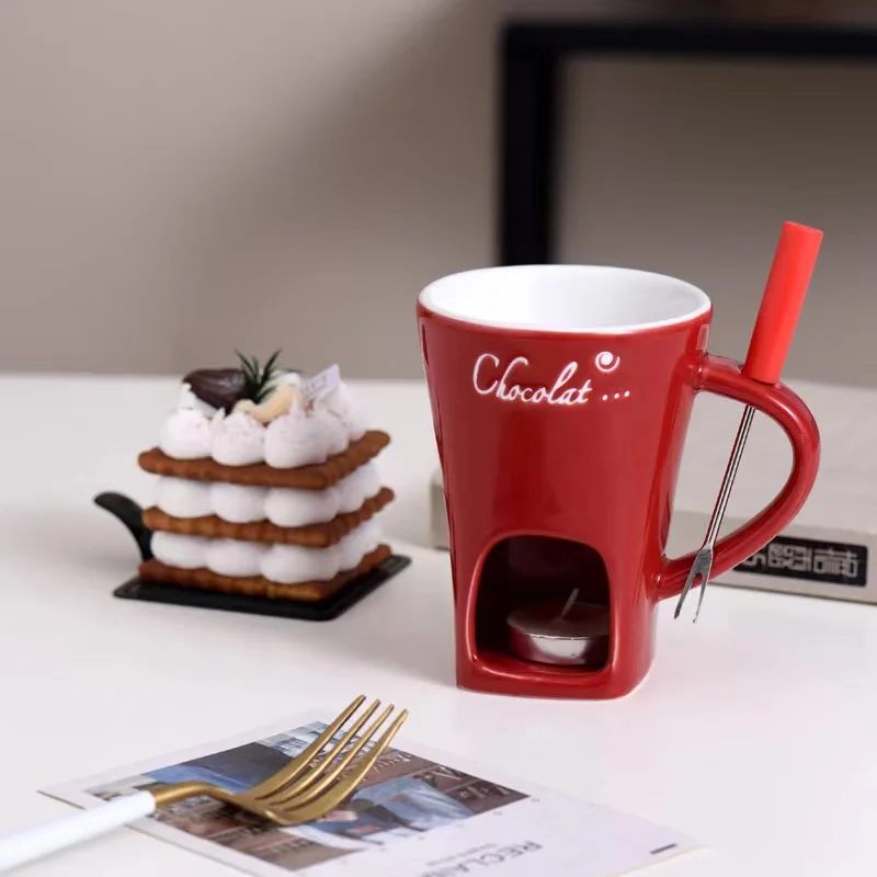 European Swiss Ice Cream Cheese Chocolate melting stove porcelain hot pot Cup with fork for candle ceramic chocolate fondue mug