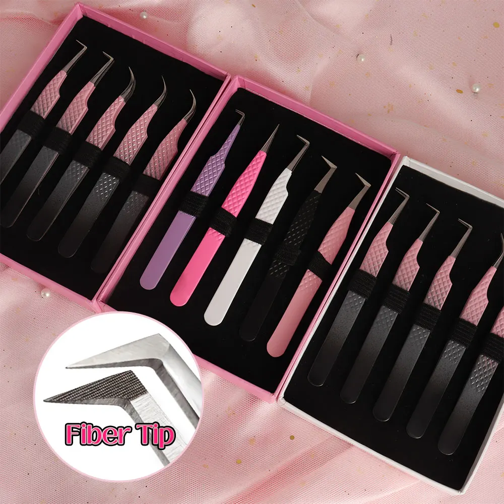 Custom Logo Micro Grip Tweezer Volume Eyelash Extension Tweezers Fiber Tip Tweezers With Box