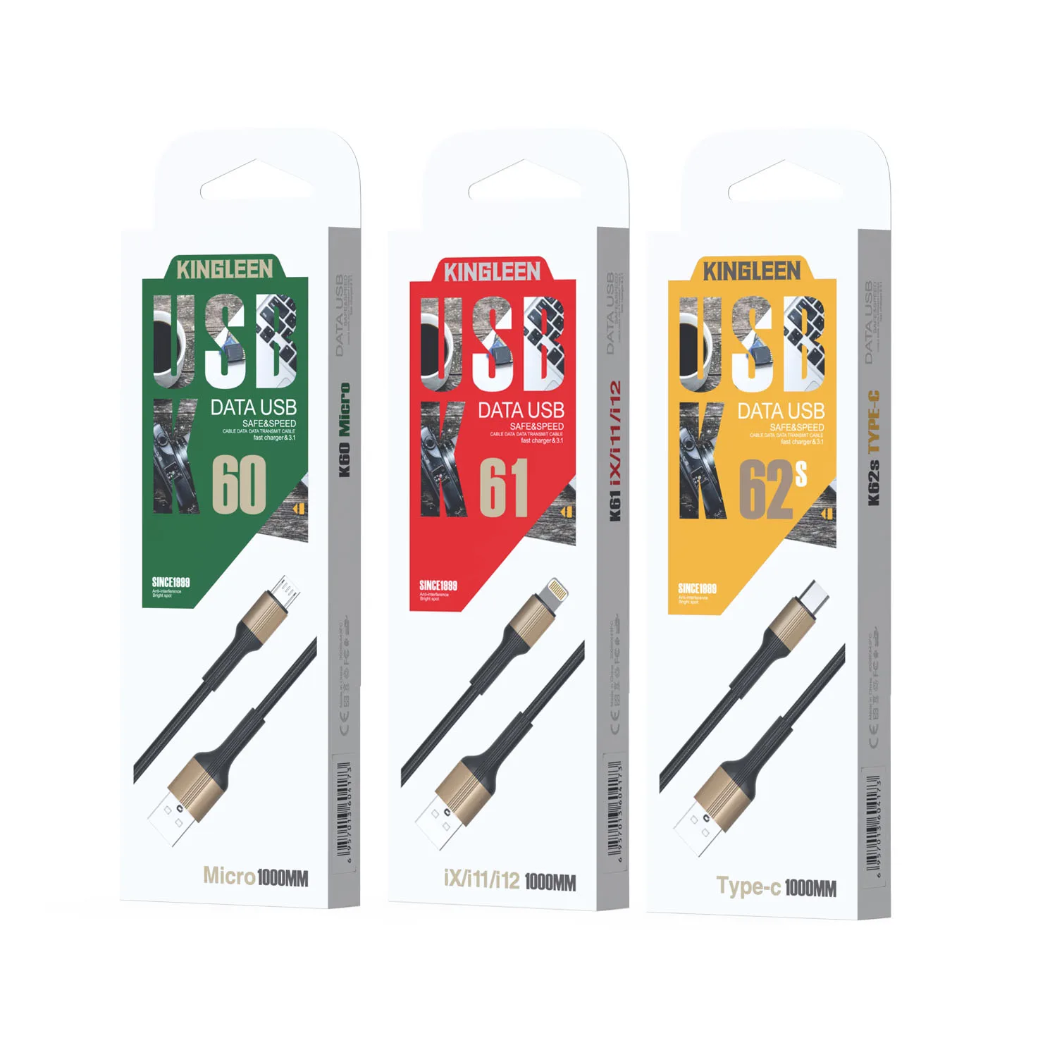 KINGLEEN K60/K61/K62s 1M/3FT Braided Cable Sync Nylon Woven V8 Charger USB Cable for iphone Samsung Huawei HTC