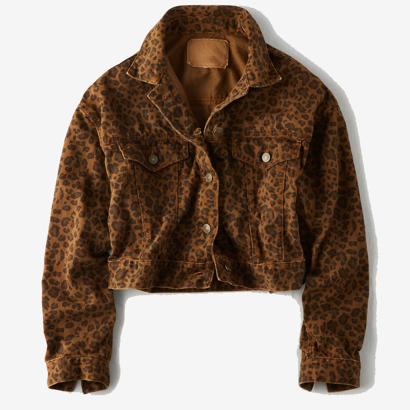 Fashionable  anti-shrink denim women Leopard crop jackets customized jeans jackets for ladies