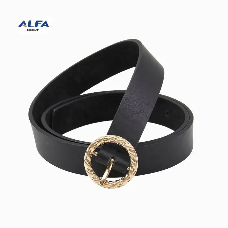 Alfa Casual Genuine Leather Belts Black Leather Belt With Round Gold Buckle For Ladies Waist Dress