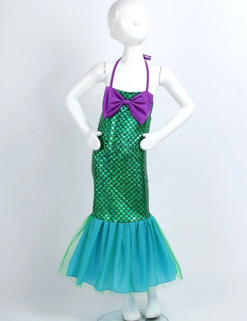 Kids Girls Adjustable Halter Glossy Fish Scales Printed Mermaid Dress Halloween Dress Up Cosplay Costume