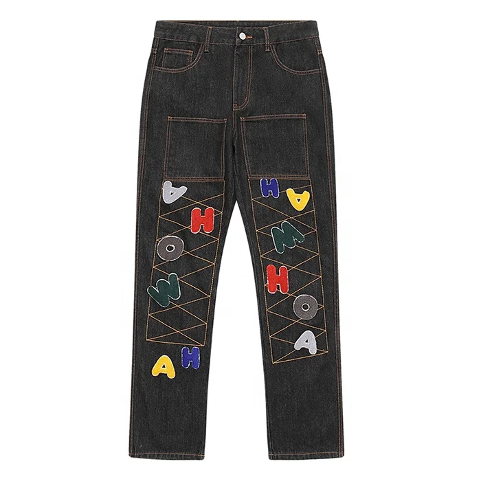 Finch Garment hip hop custom stacked jeans men streetwear chenille patches pants embroidered denim jeans