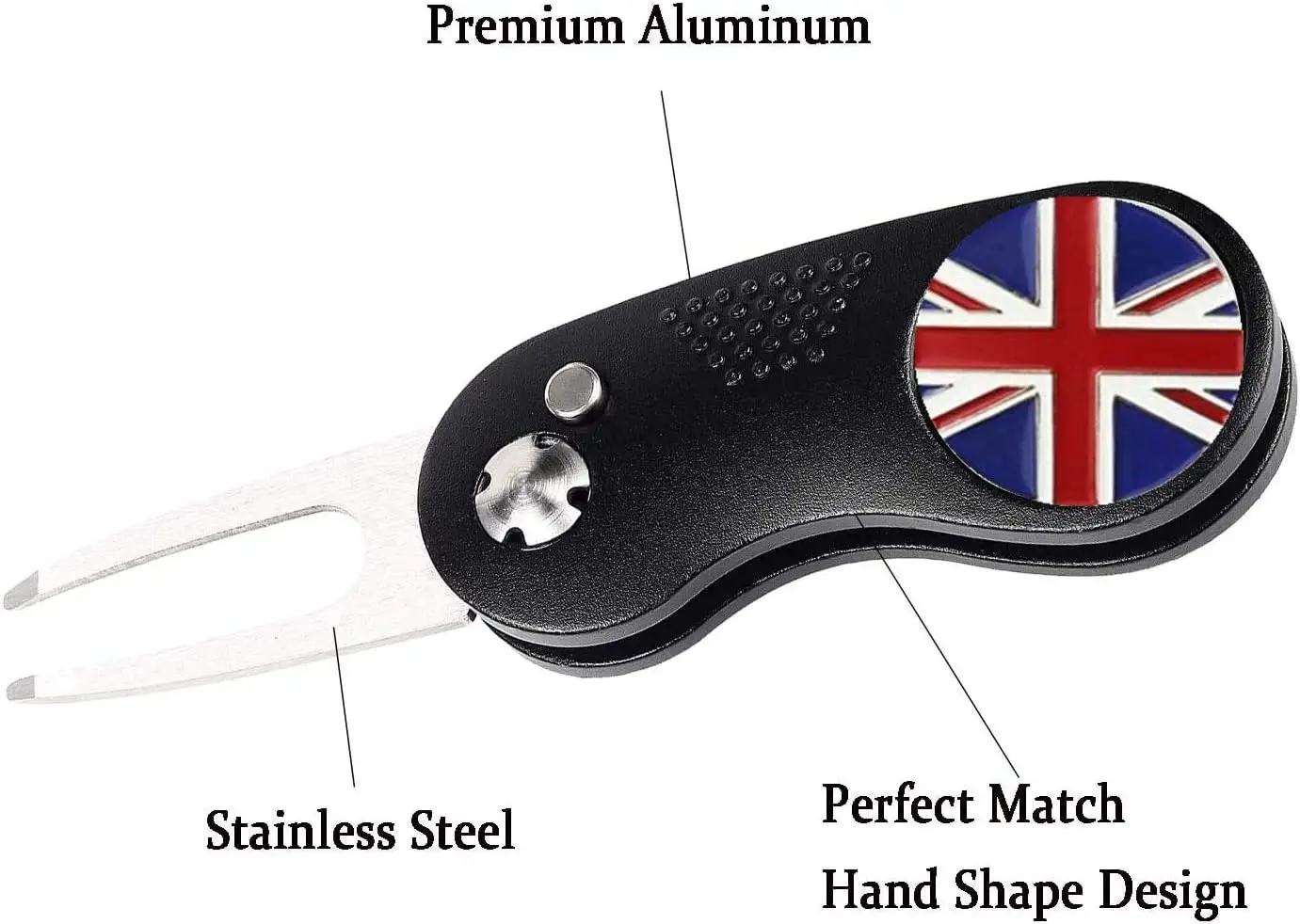 Switchblade Foldable Metal Magnetic Golf Divot Repair Tool with UK flag Ball Marker