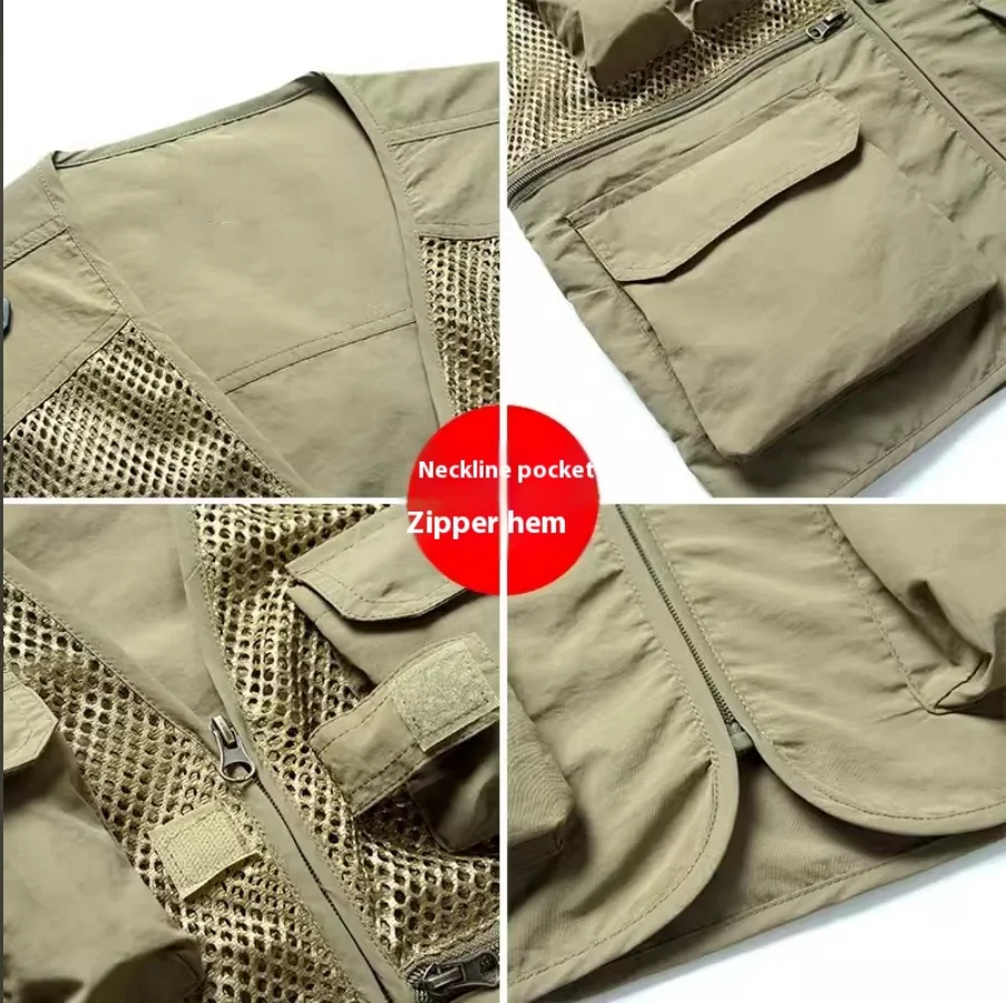 Unisex Casual Fish Pocket Vest Black Lightweight Outdoor Fishing Jacket Breathable Mesh Pockets Custom Fabric Cargo Vest Men