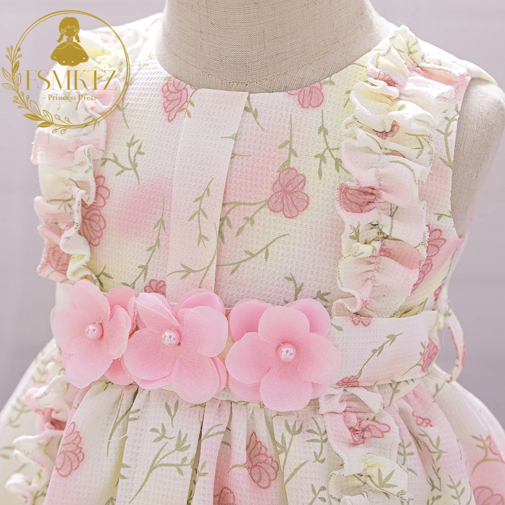 FSMKTZ Lolita Style Flower Printing Baby Girls Party Dress Summer Floral Dress for Kids 2 Year Birthday Frocks for Little Girls
