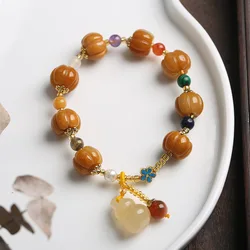 Ethnic Style Jade Bracelet 18K Copper Gold Plated Natural Stone Agate Bamboo Pumpkin Beads Gourd Topaz Pendant Bracelets