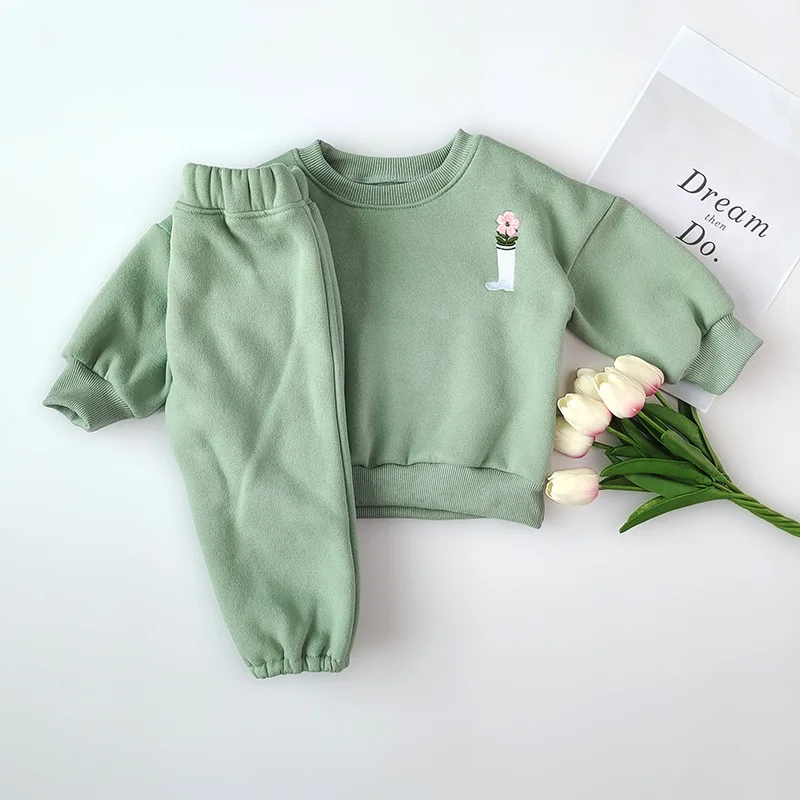 2Pcs Spring Winter Baby Girl Boy Clothes Set Embroidery Thicken Fleece Warm Sweatshirt Pant Boy Tracksuit Toddler Clothes Outfit