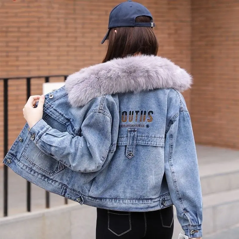 2021 Veste En Jean Avec Fourrure Fashion  Loose Outerwear Denim Jeans Jacket Fall Women Embroidered Faux Fur Print Denim Jacket