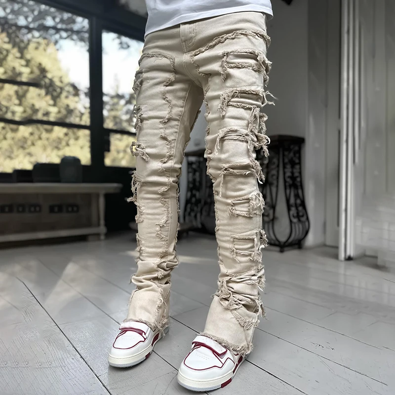 YSJY custom streetwear pant men cargo trousers acid wash distressed flared stacked baggy joggers for men