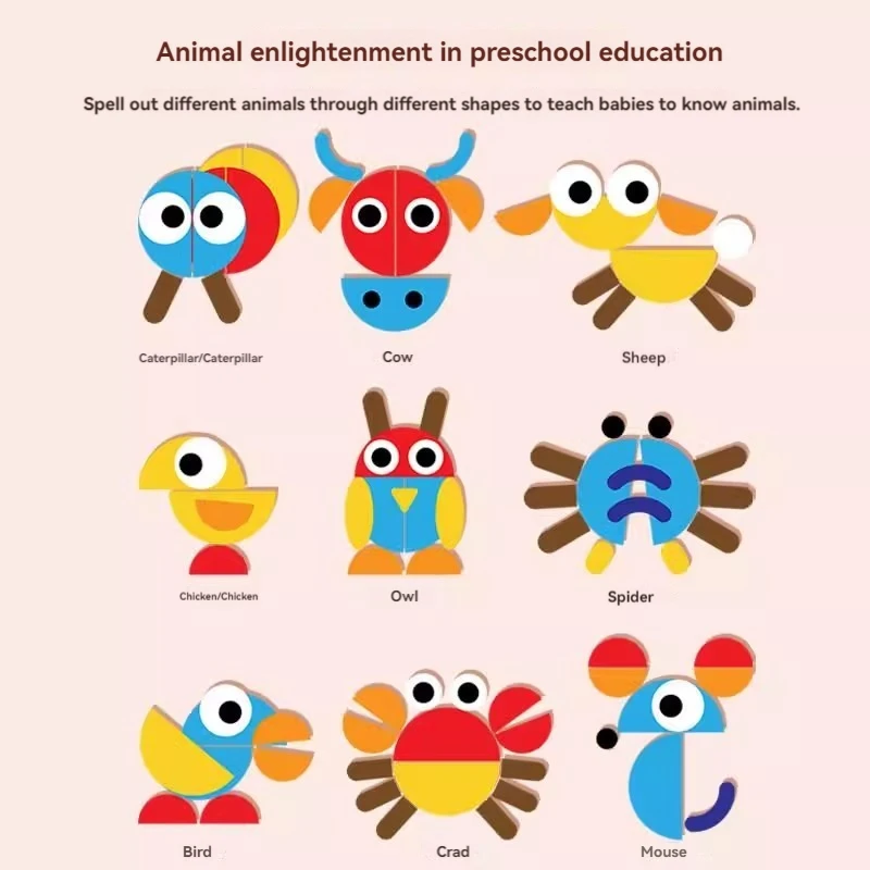 Montessori Fun Geometric Creative Animal Puzzle Development Thinking Wooden Board Toy