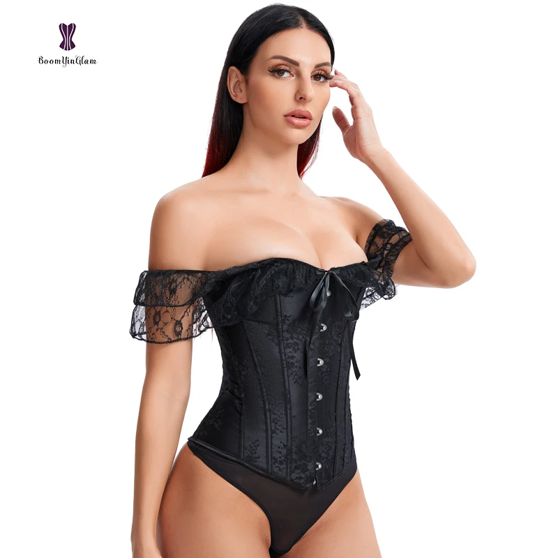 Ready to ship Vintage Overbust off Shoulder 12 Steel Bones Black bustier Shapers Lace Corset With G string for women