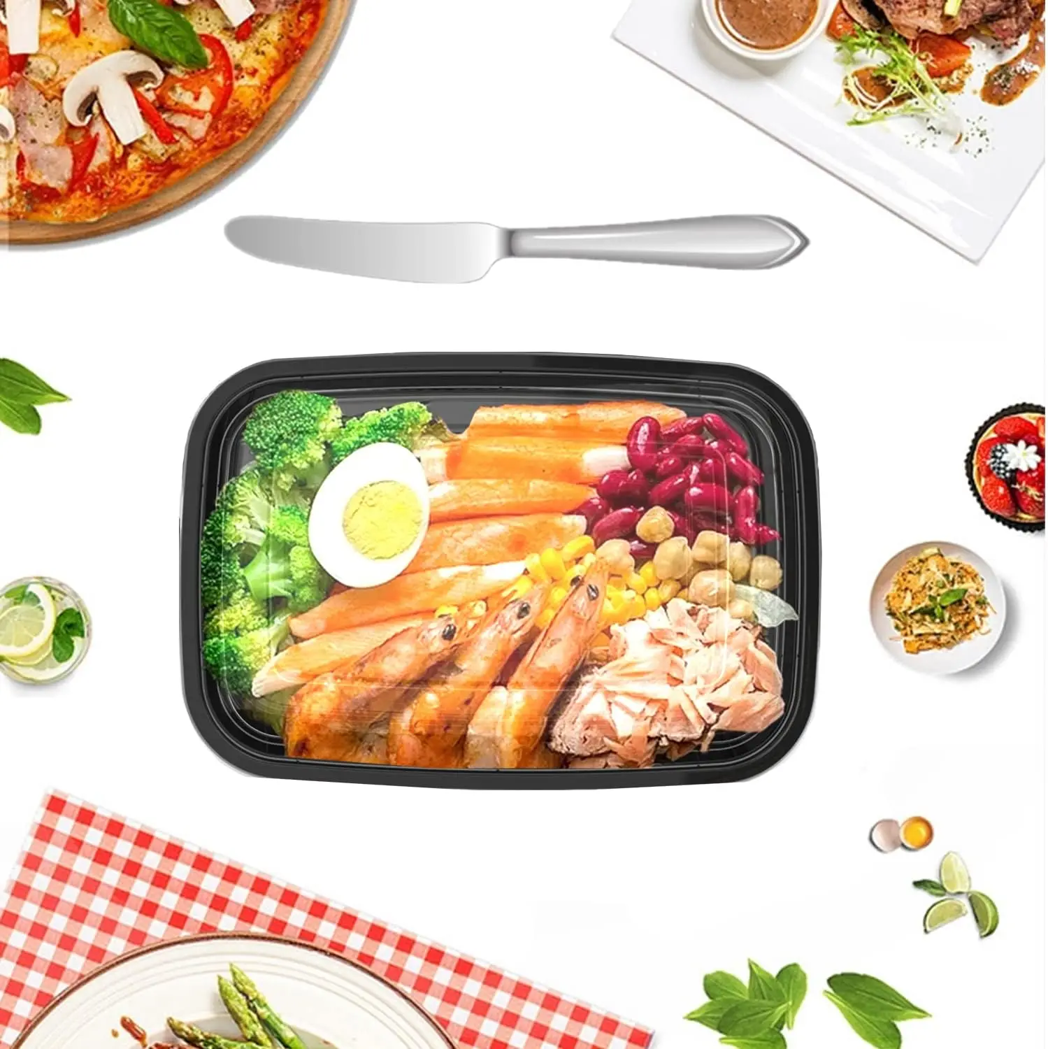 4-compartment 1100ml square plastic food container leakproof microwave safe meal prep with lid clear plastic food containers