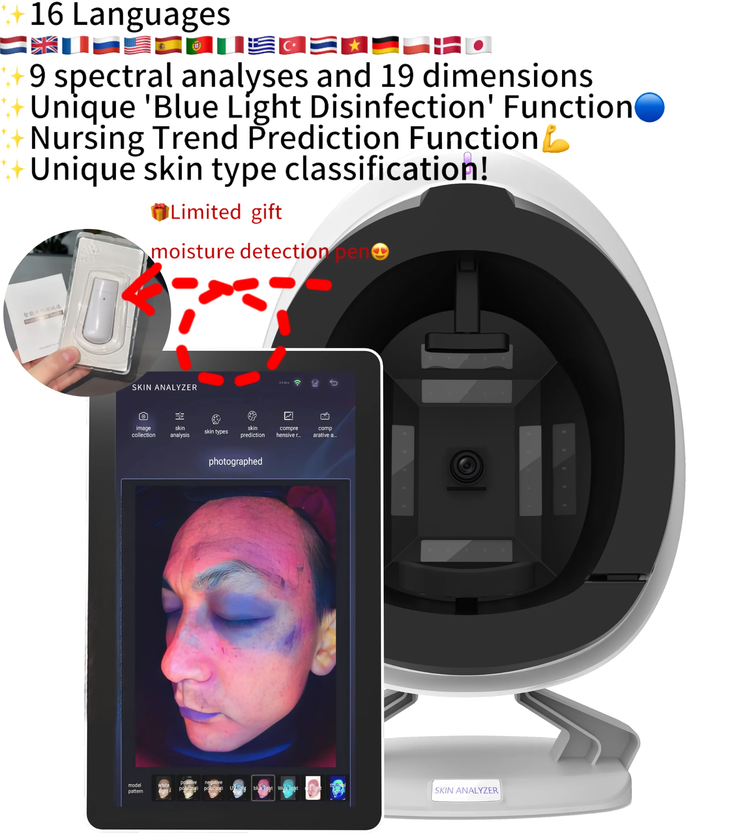 Faling AI Skin Analyzer with Moisture  pen! 9 Spectrum 19 Test Dimensions Blue light disinfection AISIA Detector 16 Languages