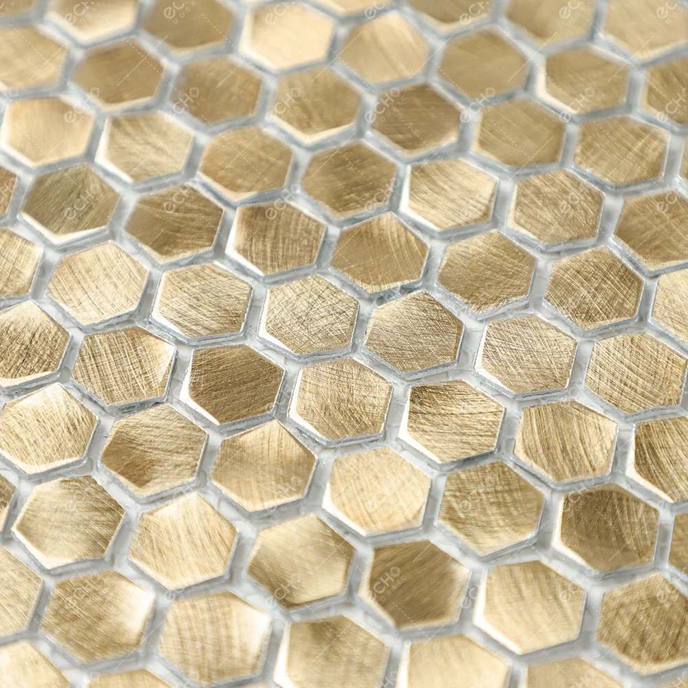 Ready to Ship Mesh Mounted Gravity Aluminium Metal Elements Mini Gold Hexagon Mosaic Wall Tiles