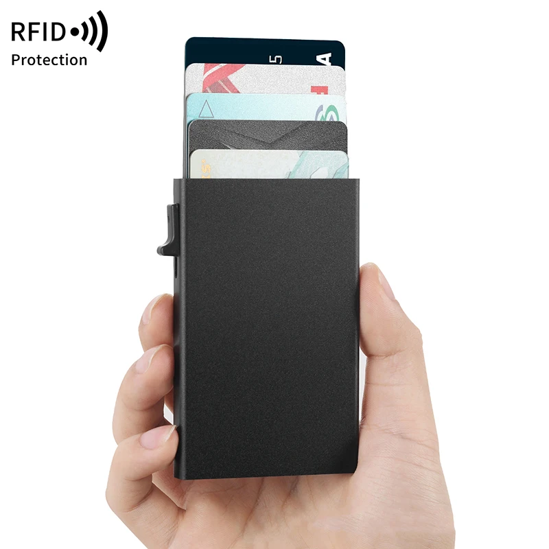 2024 Hot Selling Rfid Blocking Anti Theft Thin Slim Minimalist Metal Aluminium Case Automatic Credit Card Holder Pop Up Wallet