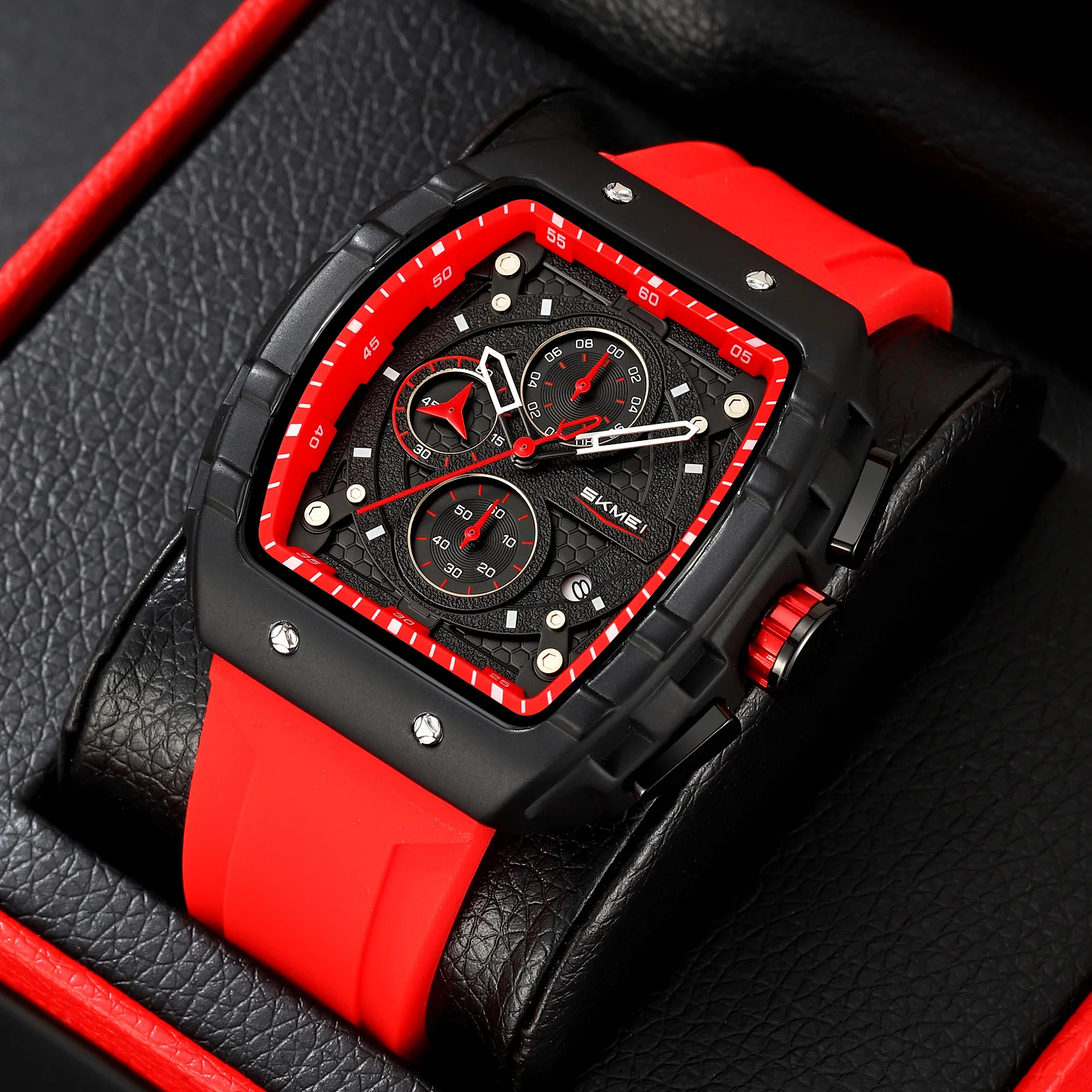 SKMEI 9341 Six-Pin Sports Watch with Large Dial Unique Rectangular Hollow Design Quartz Wristwatches with Chronograph Auto Date