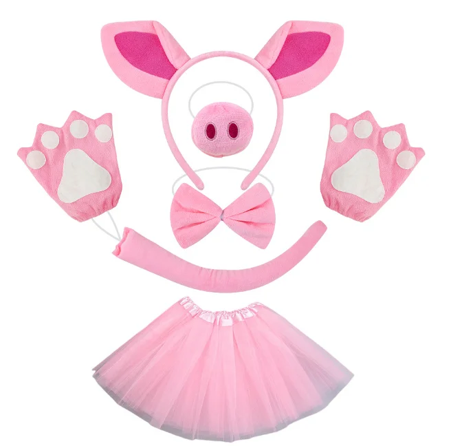 ecoparty  Pig Costume Hairband Elastic Strap Ears Headband Nose Bowtie Tail Cosplay Set for Carnival Animal Themed Parties