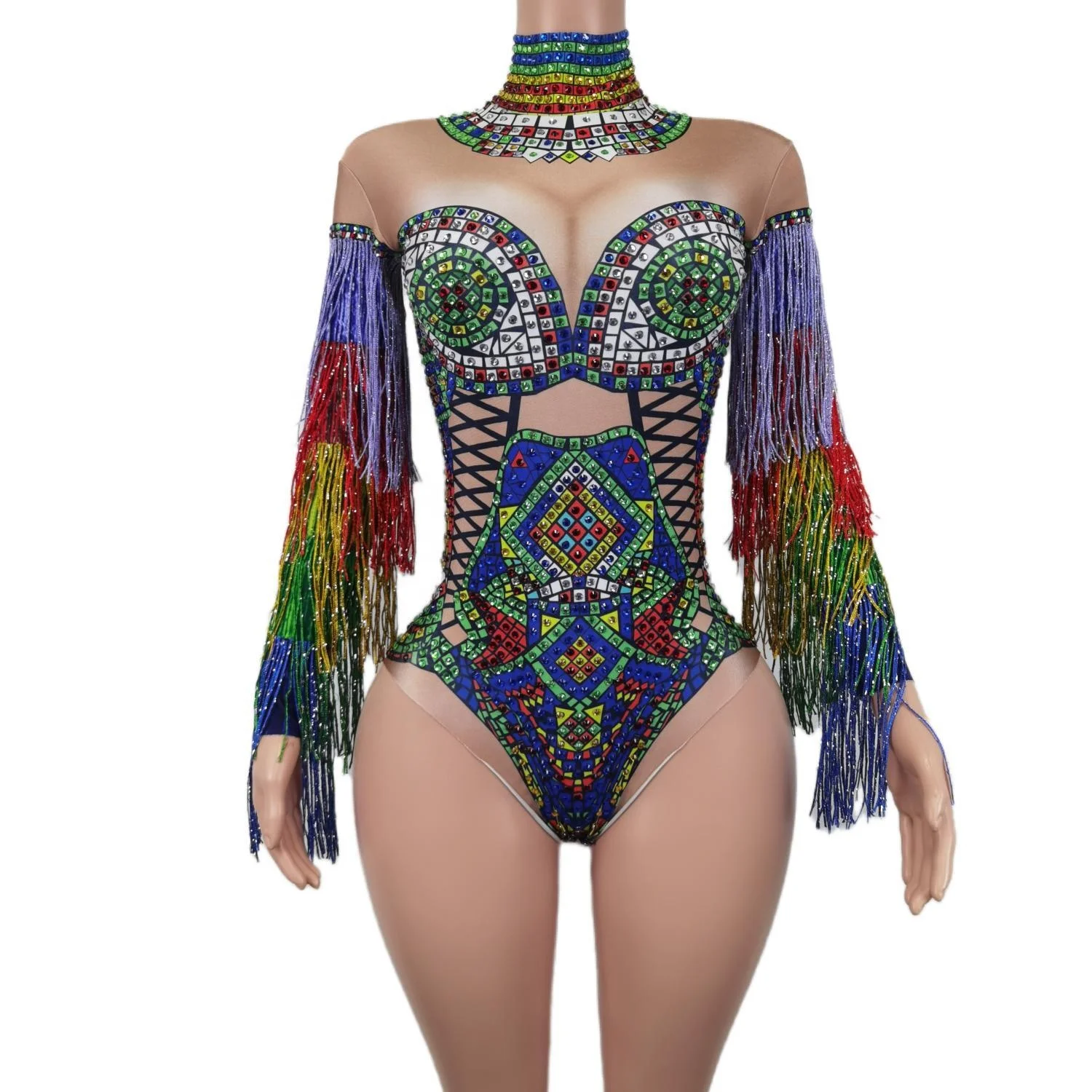 Sparkly Crystal Sequin Tassel Long Sleeve Stage Performance Jumpsuit Exotic Dance Leotard Show Costume Women One Piece Bodysuit