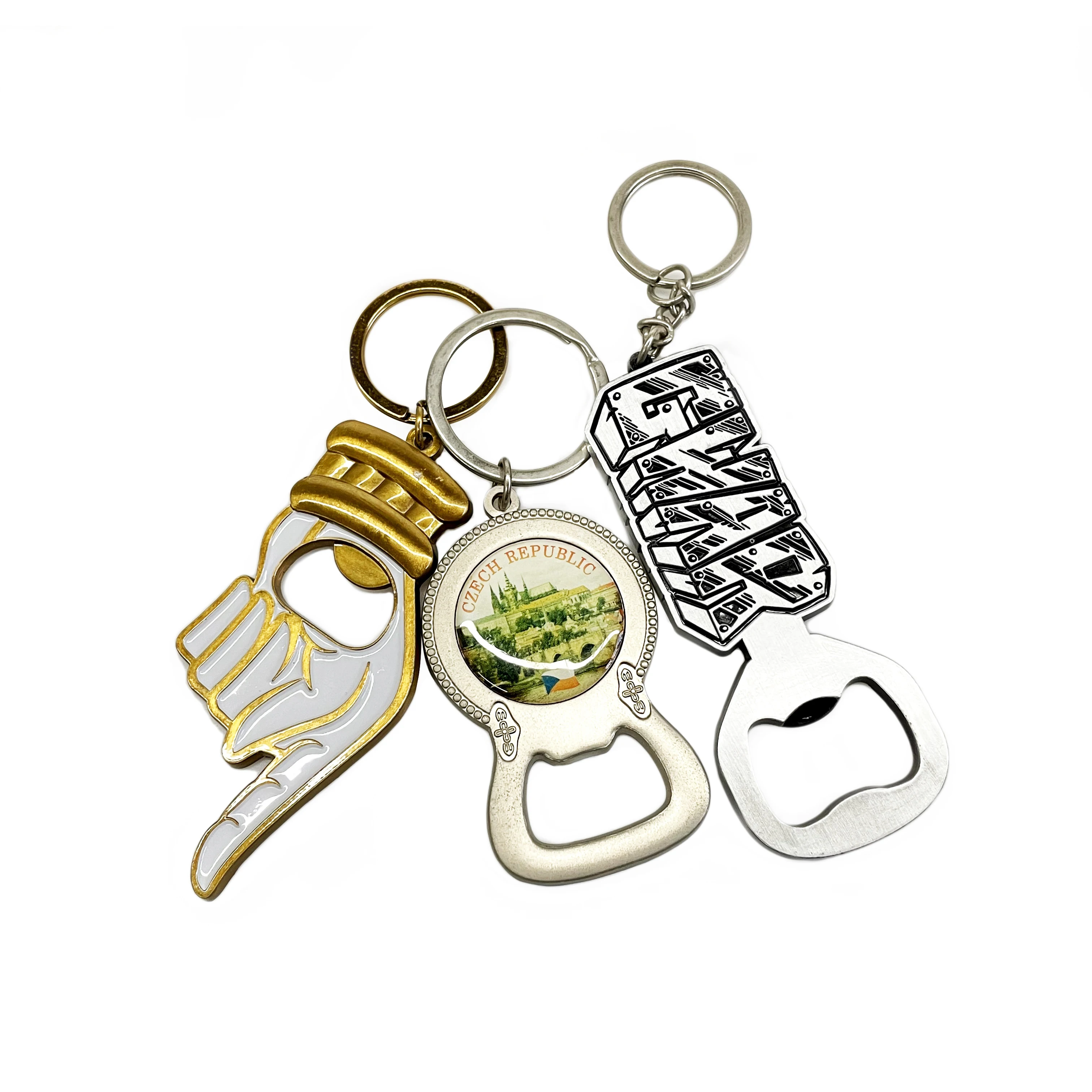 Printed Metal Coin Decoration Key Chain Epoxy Hologram Cart Beer Bottle Opener Keychain
