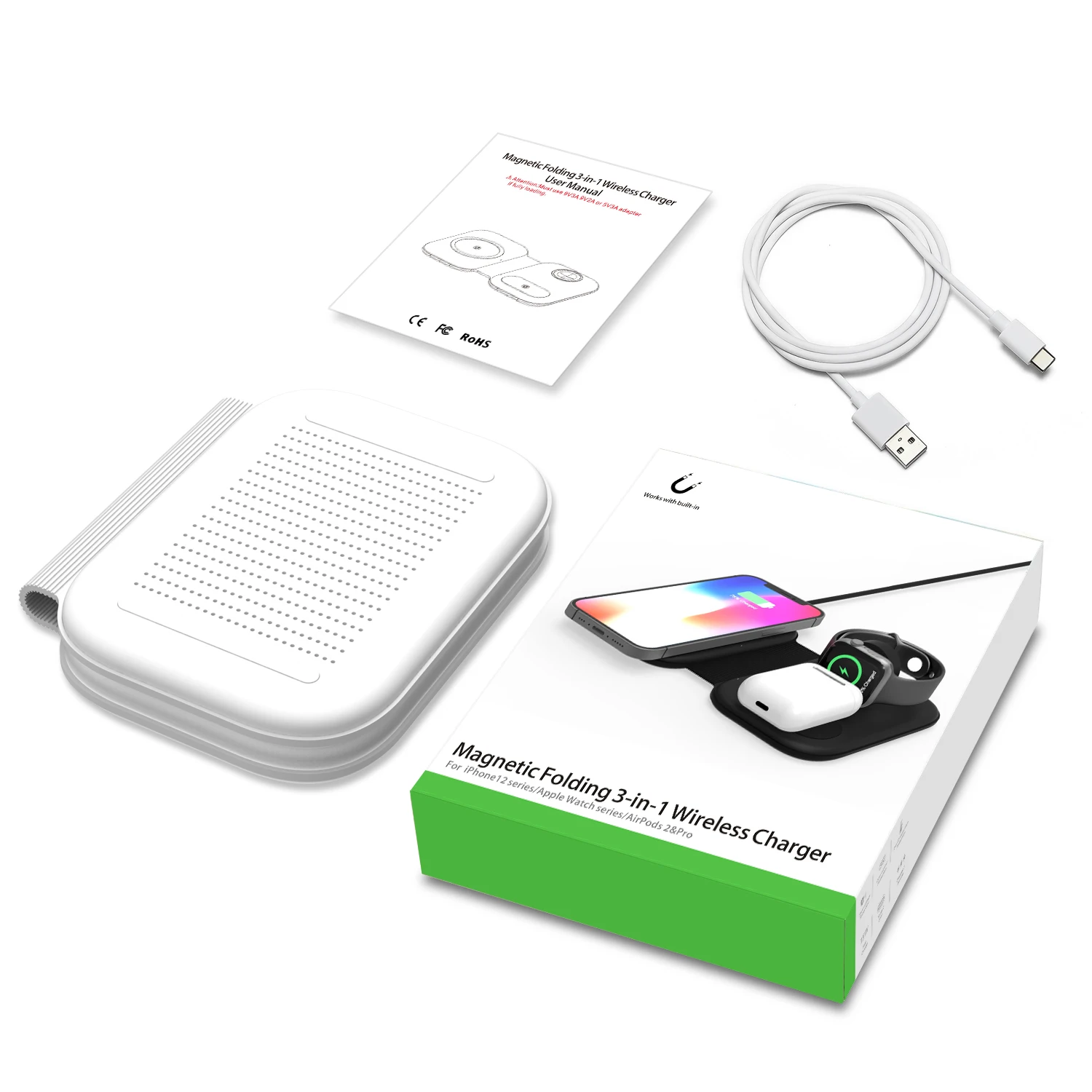 Newest foldable 3 in 1 wireless charger stand 15w Qi fast charging wireless for iphone 13 12 mini pro max / airpods and iwatch