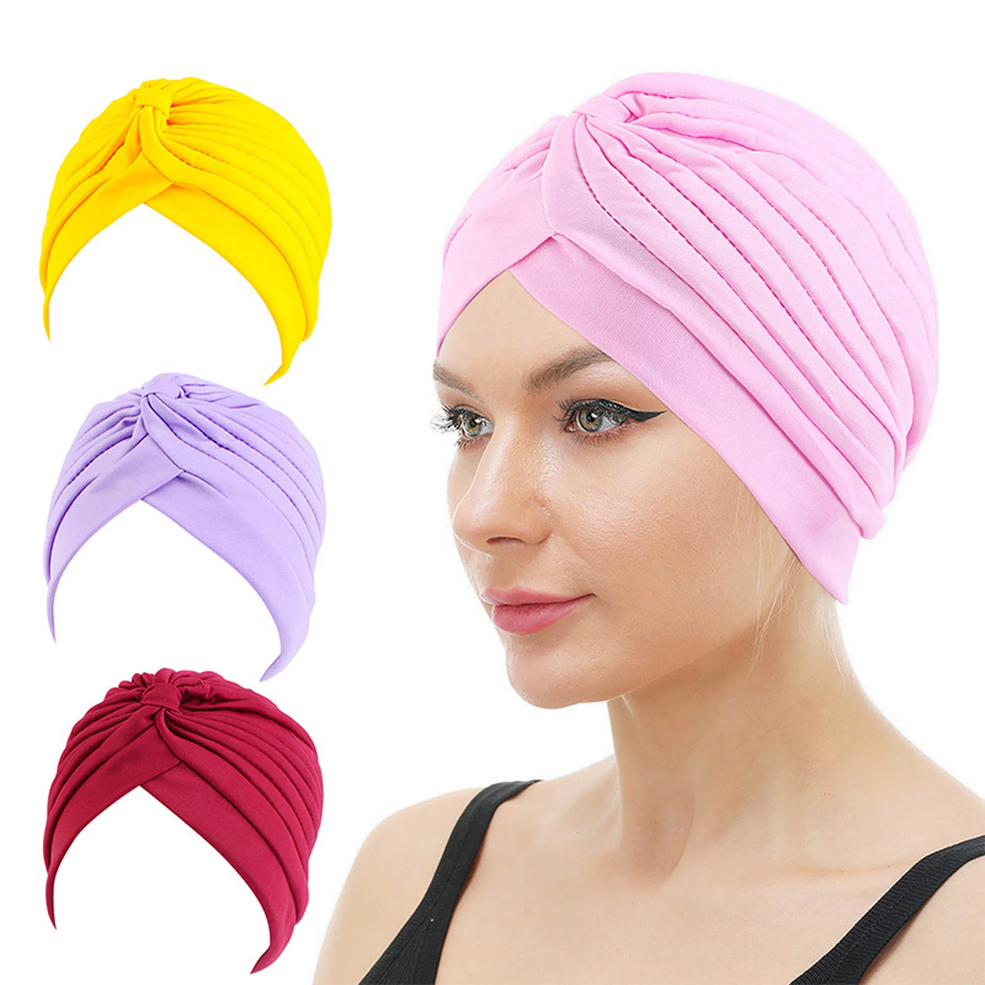 12pcs 12 Colors Women Muslim Turban Arabia Headwrap Hijab Twist Pleated Bonnet Ladies Headwear Islamic Headband
