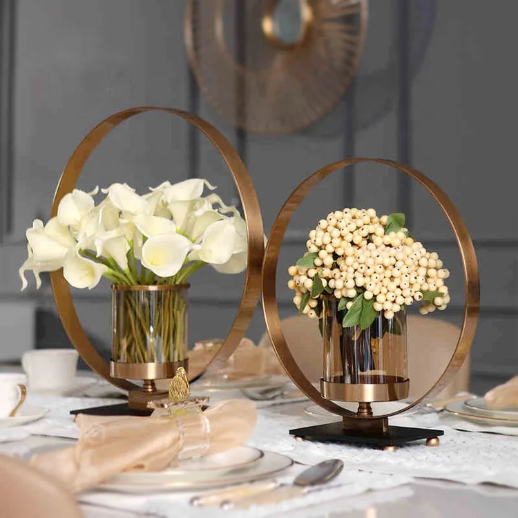 Decorative Round Metal Flower Wedding Vase With Candle Holder Glass For Table Centerpieces Wedding Decoration