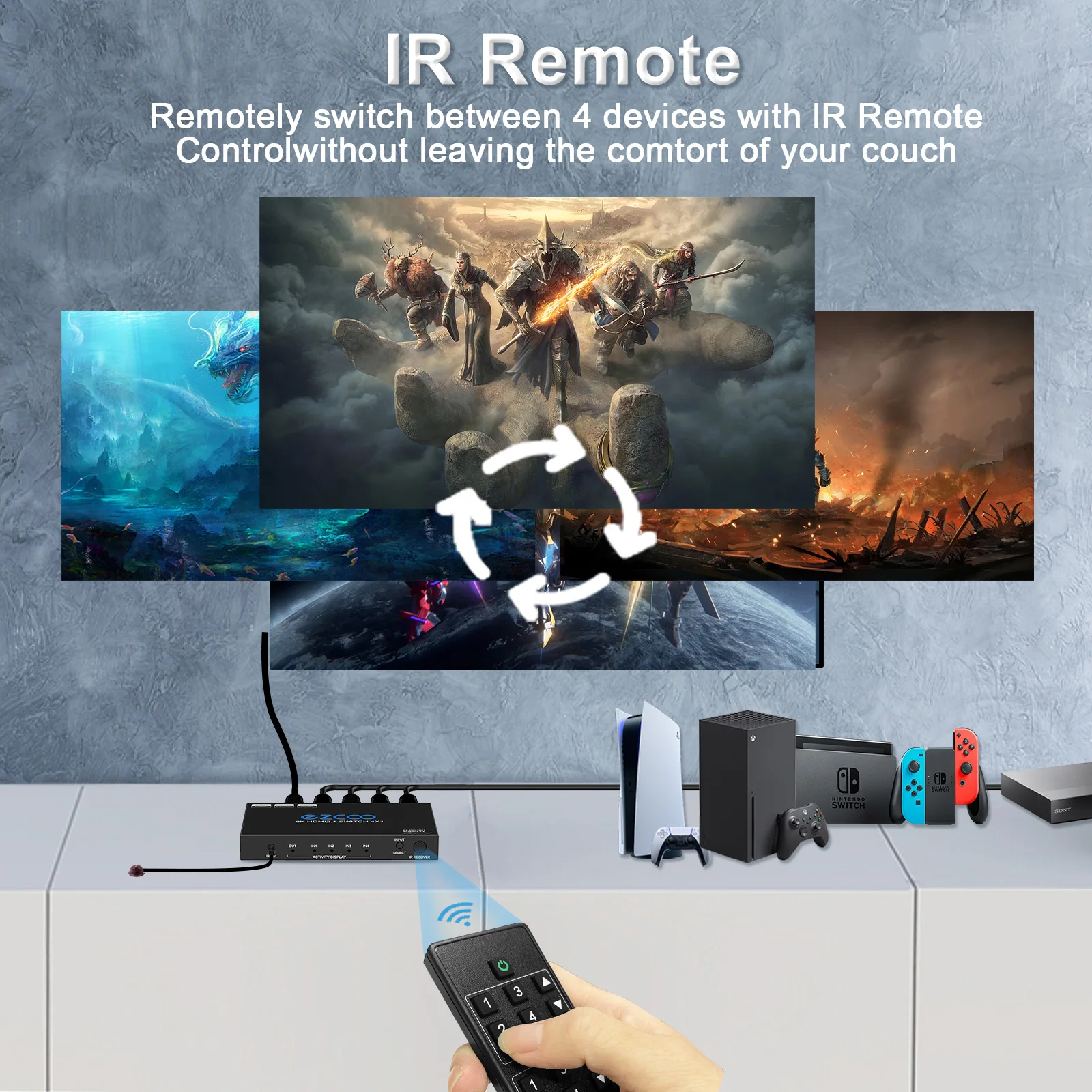 8K HD-MI Switch 4 in 1 out HD-MI switcher 8K@60Hz and 4K120Hz VRR HDCP2.3 HDR D-olby vision Atmos Remote control CEC