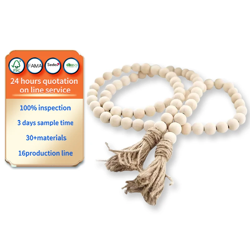 Бусины для фермерского дома, деревянная гирлянда из бусин 58 дюймов с кисточками, деревенский декор, молитвенные бусины в стиле бохо, Большой Настенный декор