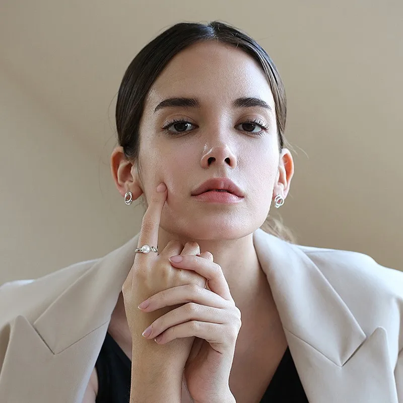 Classic Trendy 925 Sterling Silver Pearl Open Ring Creative Design Geometric Adjustable Finger Rings Gold Plated Jewelry