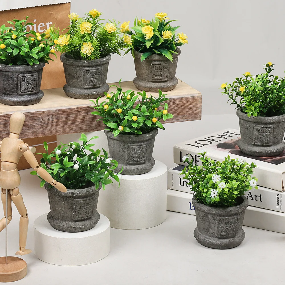 Small Potted Plants Mini Artificial Small Flower Faux Greenery Plants Indoor Lavender Pot for Garden Balcony Office Home Decor