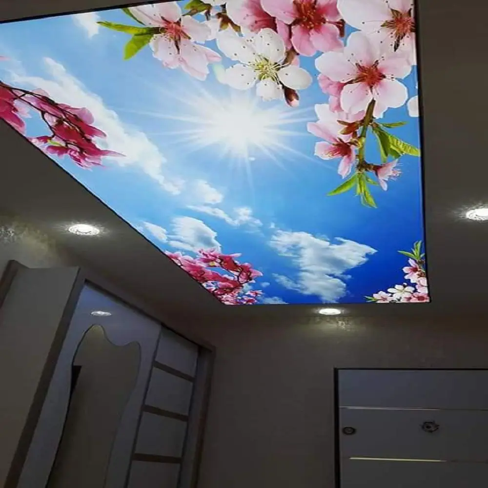 Price clear blue sky clouds sunshine day UV print modern suspended ceilings for restaurant decoration 3d pvc stretch ceiling