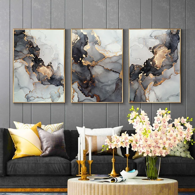 Modern Abstract Black Gold Marble Painting Fine Art Canvas Prints Pictures For Living Room Luxury Wall Art Decor
