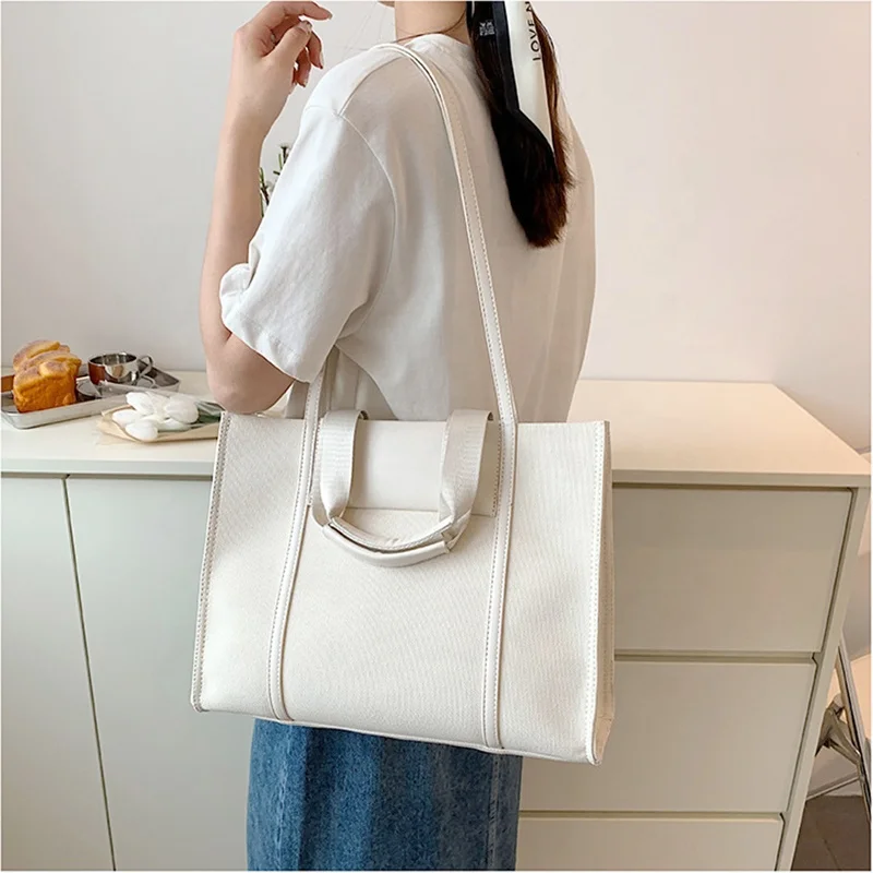 2022 OMOI Custom Leather Hand Made Plain Canvas Women Girls Shopping Tote Single Shoulder Bag Hand Bag