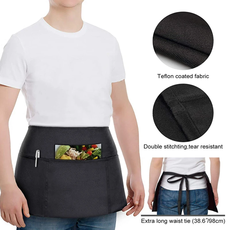 Custom Logo Half Waist Aprons Restaurant Short Waiter Aprons with Pockets Kitchen Barista Chef Apron for Outdoor BBQ
