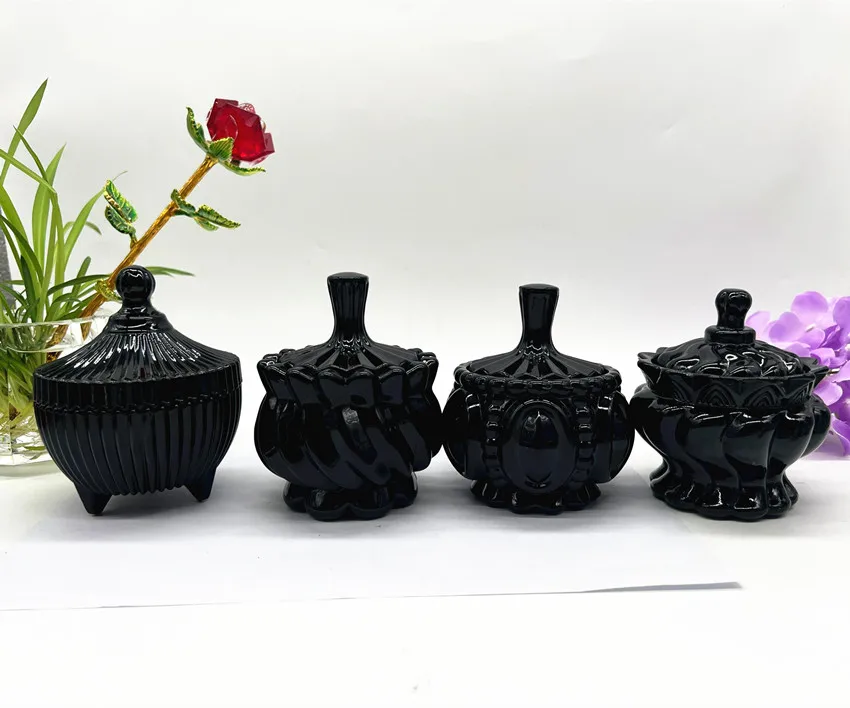 Home Decor Restaurant Coffee Bar Decor Elegant Black Glass Candle Holder Crystal Sugar Candy Bowl With Lid
