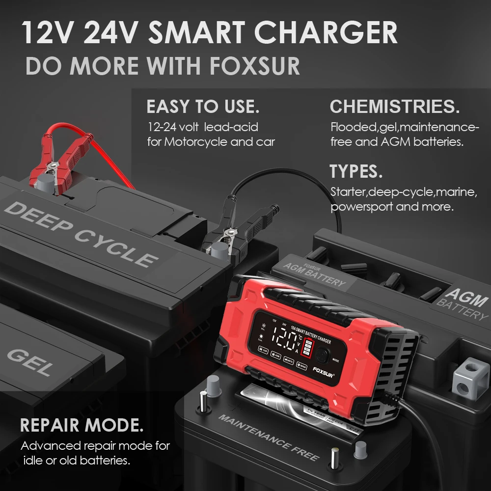 12V 10A/24V 5A Car Battery Charger Automatic Smart Fast Charger Use For Car Motorcycle Truck AGM Deepcycle GEL Lead-Acid Battery
