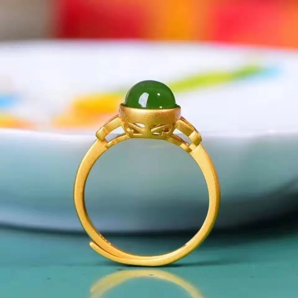 Wholesale Chinese Style Imitation Hetian Jade Green Jasper Electroplated Gold Ring Chinese Style Agate Jade Hotan Jade Open Ring